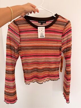 Almost Famous Striped Crochet Long-Sleeve Top - Pink, Brown & Orange